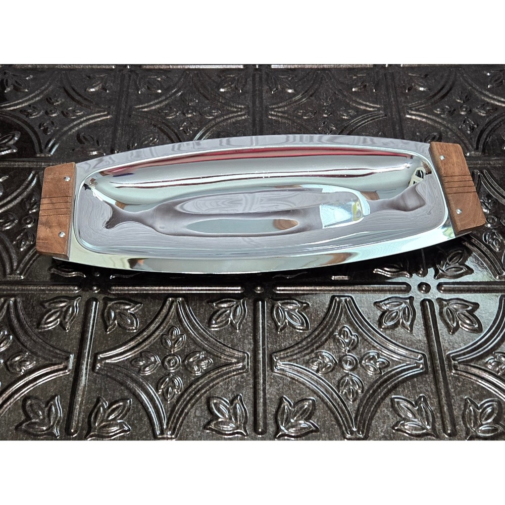 Vintage MCM Kromex® Oblong Tray‎ - Stainless Steel & Walnut 16.25 X 6.5"
